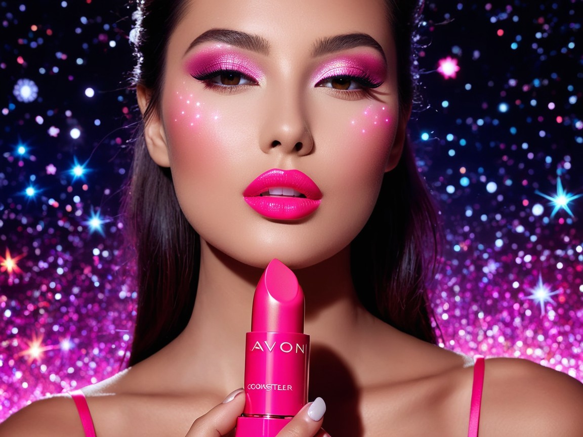 Glamorous Model with Bold Makeup and Starry Background