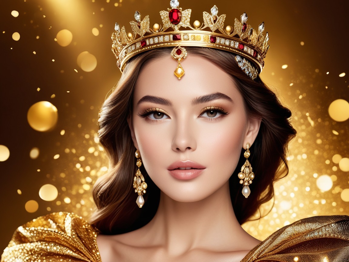 Portrait of a Young Woman in Golden Attire and Crown