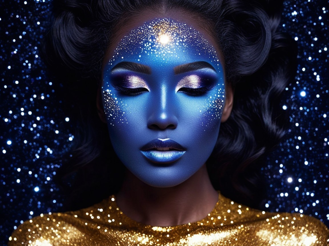 Cosmic Beauty Look with Blue Face Paint and Glitter