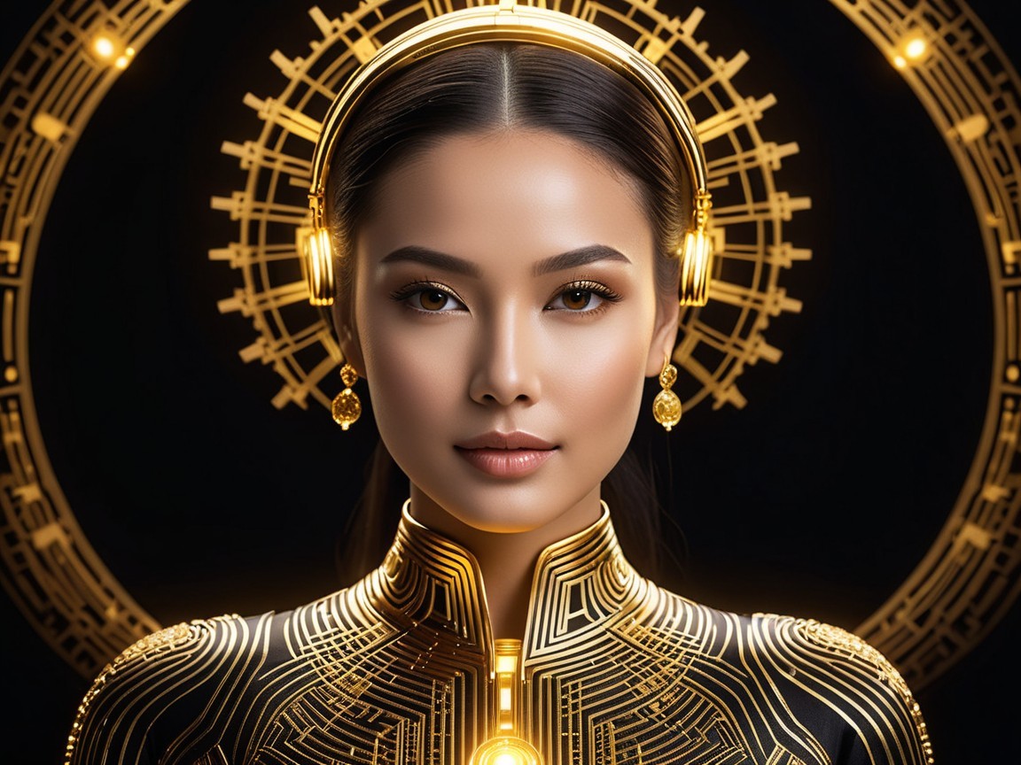 Portrait of a Woman in Futuristic Golden Outfit