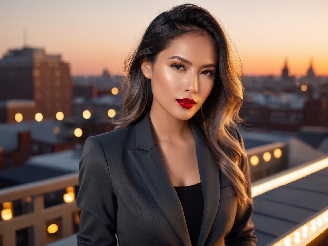 Stylish Woman Posing on Rooftop at Sunset
