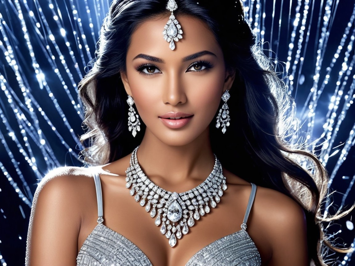 Elegant Woman in Silver Outfit with Diamonds and Jewelry