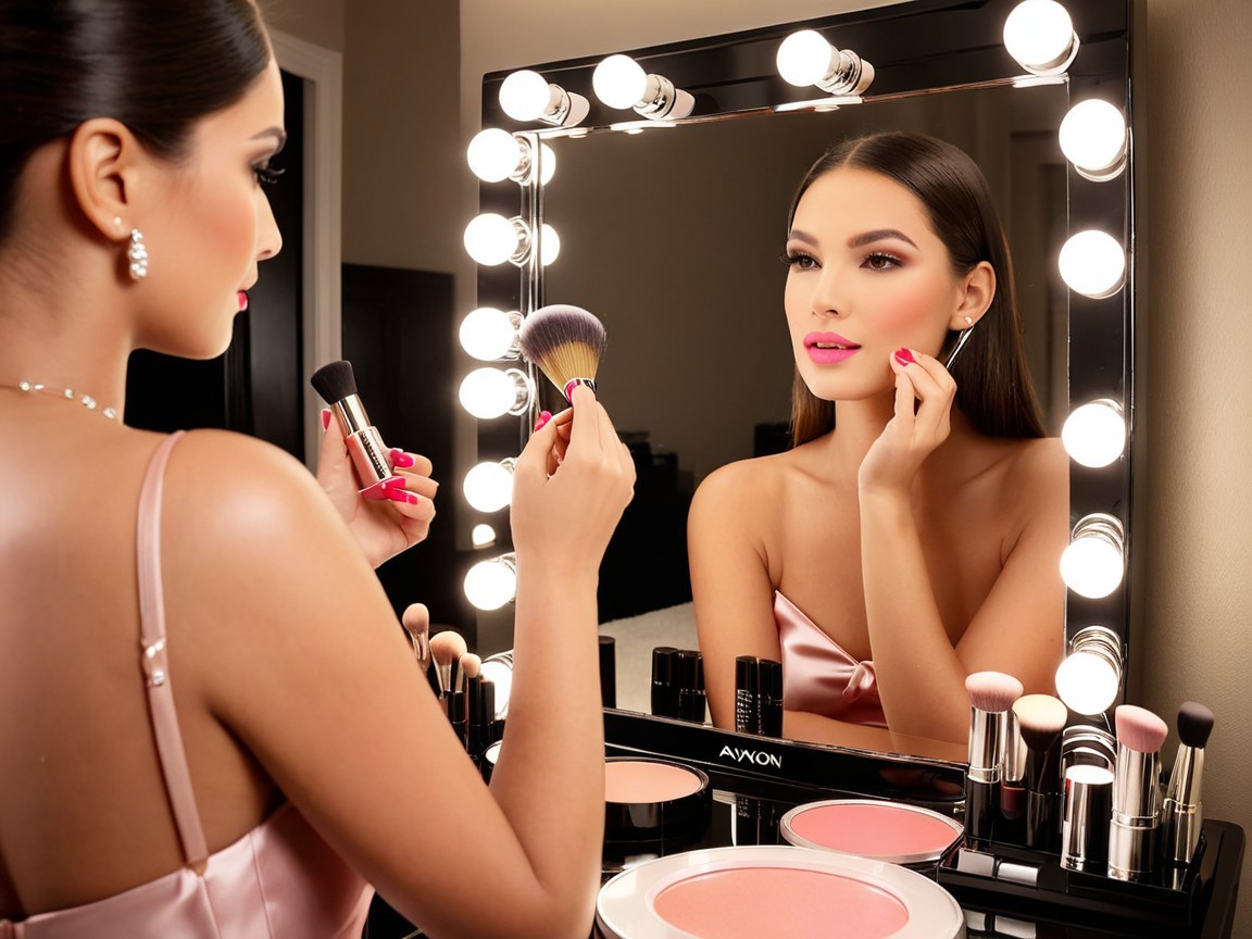 Elegant Woman Applying Makeup at Vanity Mirror