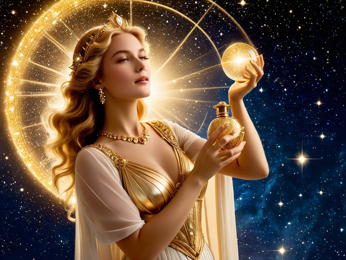 Celestial Figure in Golden Gown with Sparkling Orb