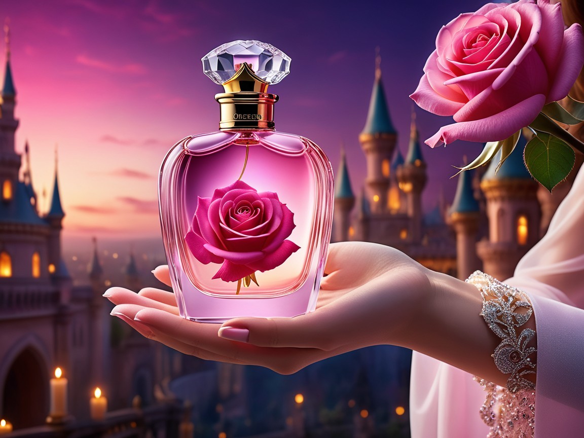 Elegant perfume bottle with rose and castle backdrop