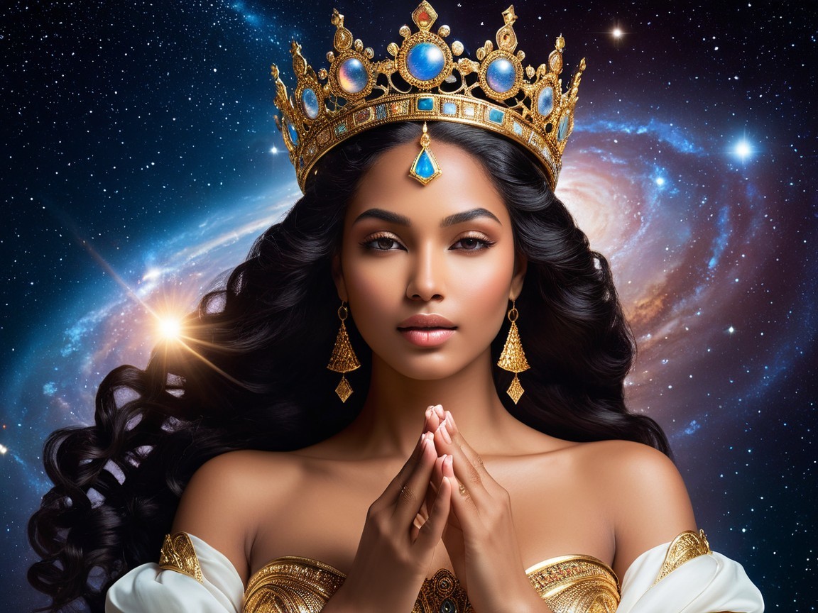 Regal figure with golden crown against cosmic backdrop