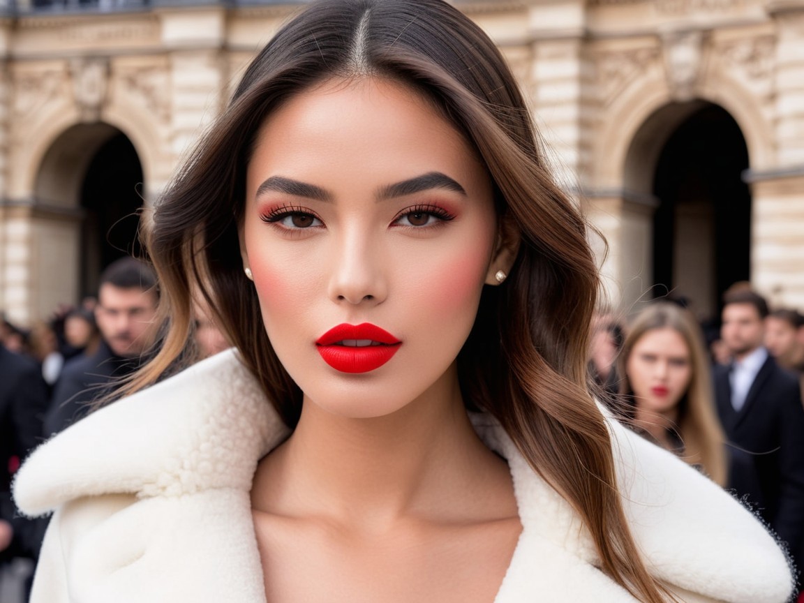 Elegant Woman in Chic White Coat with Bold Makeup