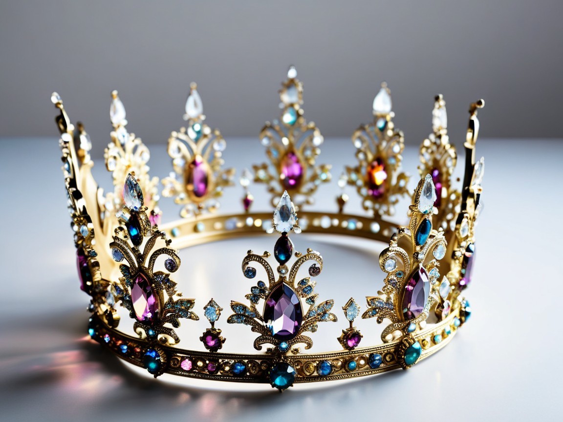 Ornate golden crown with colorful gemstones and crystals