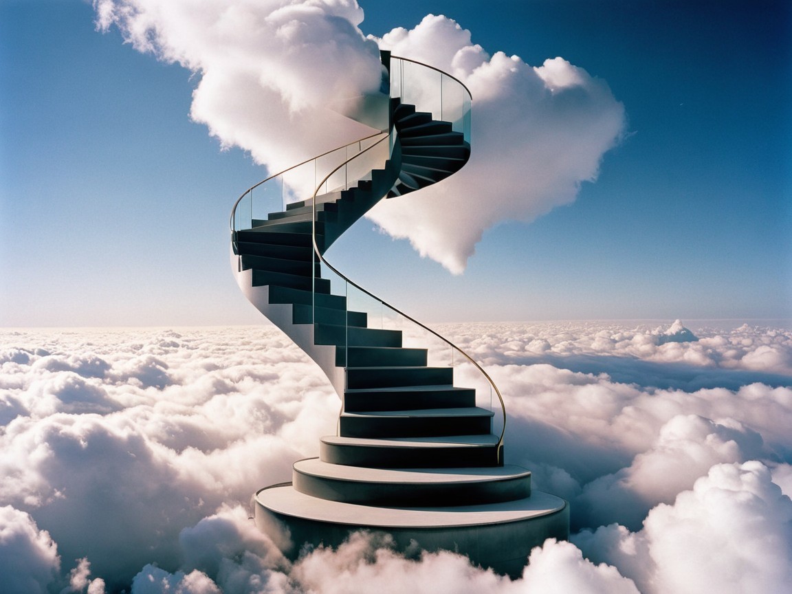 Spiraling Staircase Through Fluffy White Clouds