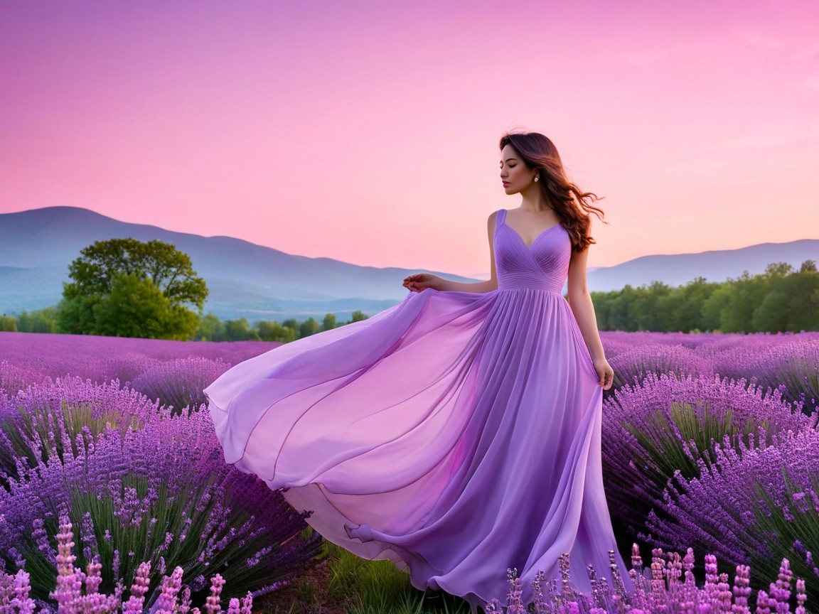 Woman in Lavender Dress in Blooming Lavender Field