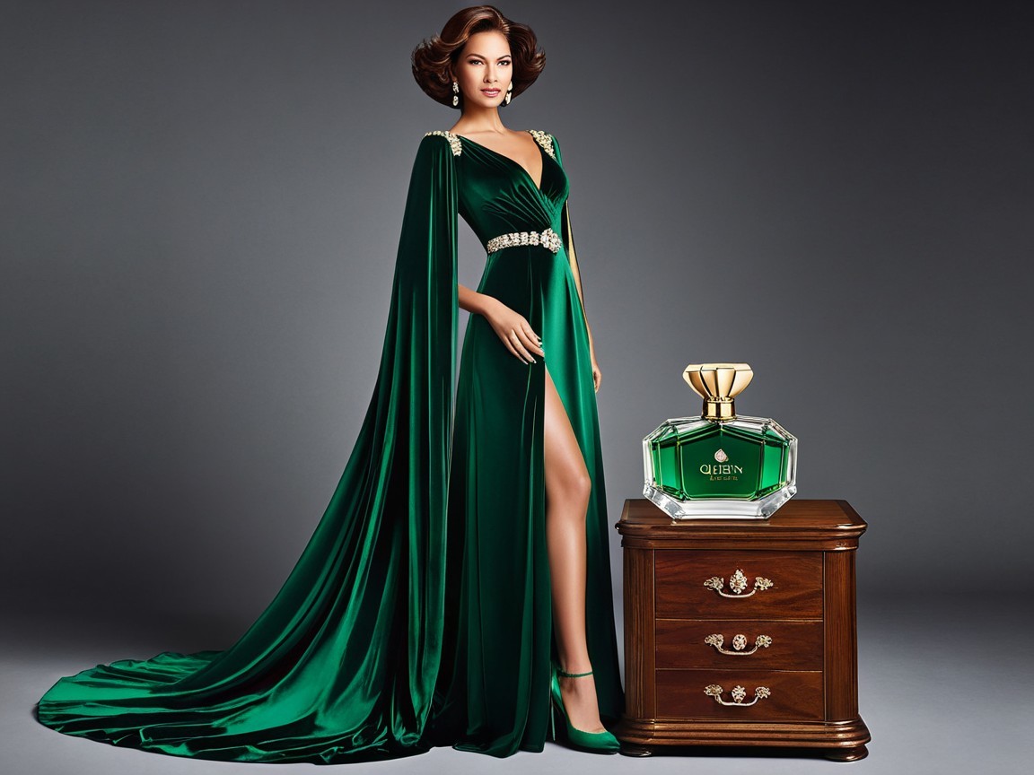 Glamorous model in emerald gown with elegant details