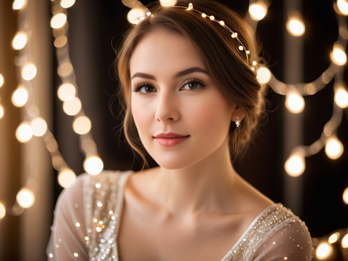 Young woman with elegant makeup and shimmering outfit