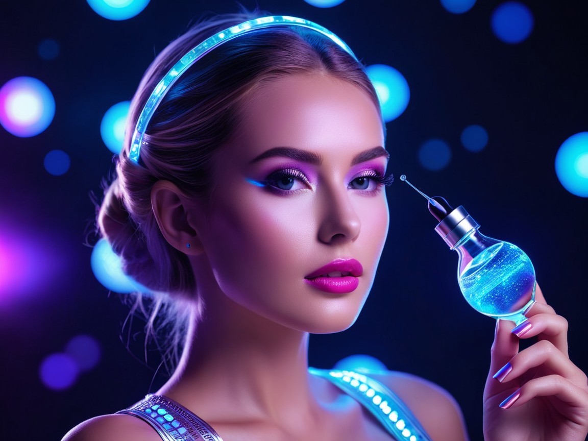 Portrait of a Young Woman with Bold Makeup and Vial