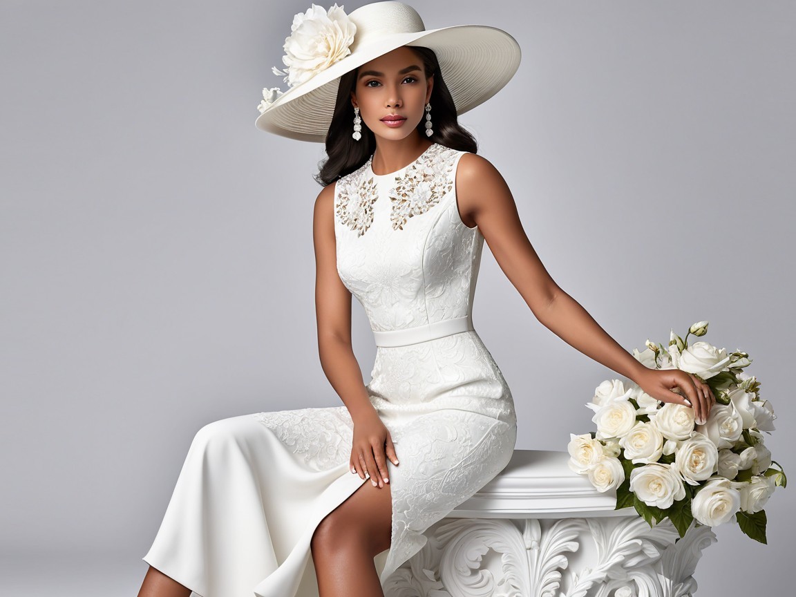 Elegant Woman in White Dress with Bouquet of Roses