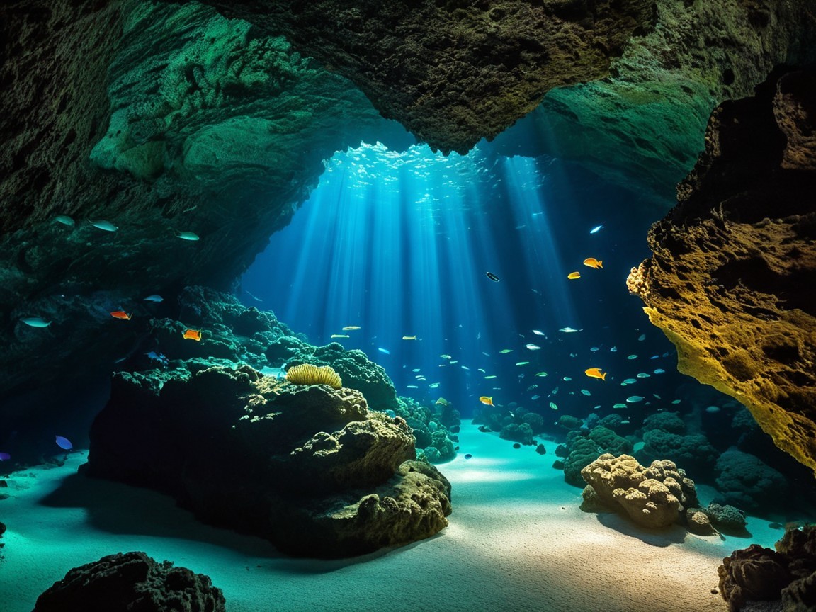 Underwater Cave with Sunlit Reef and Colorful Fish
