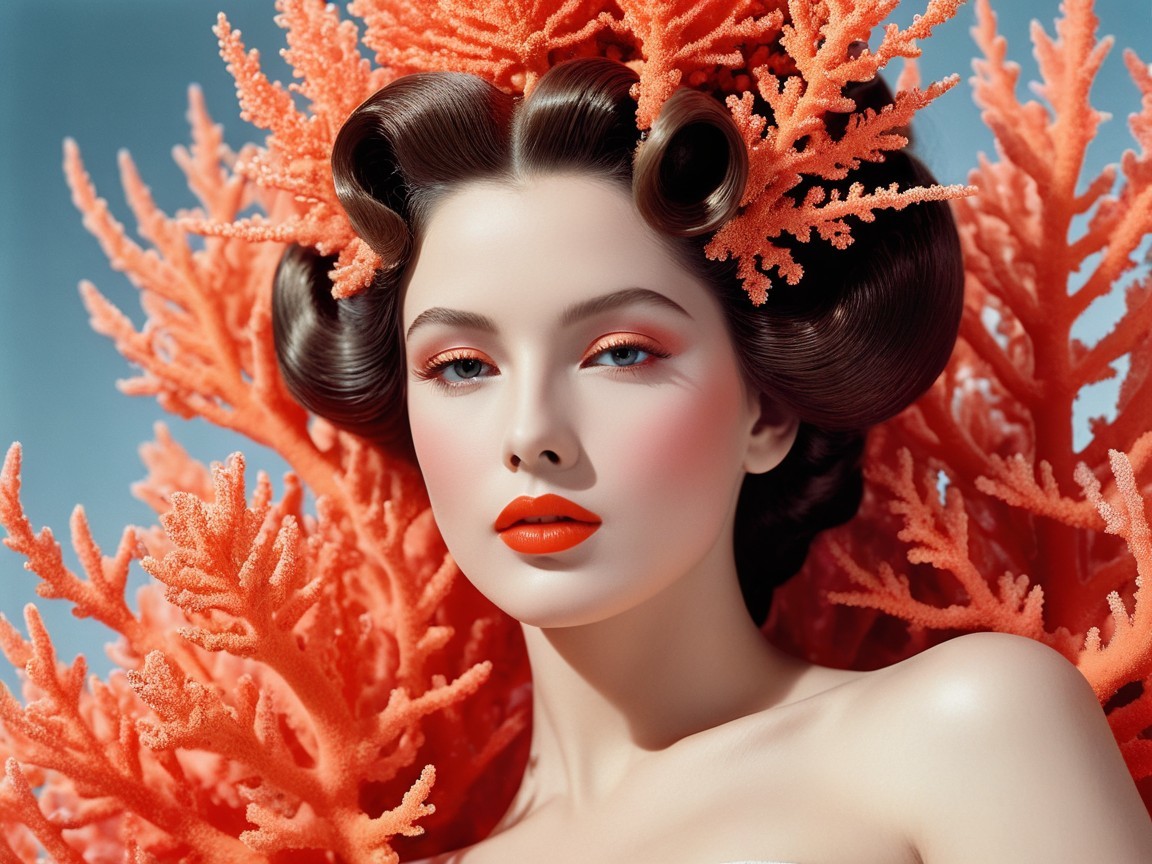 Vintage-Inspired Portrait of a Woman with Coral Accents