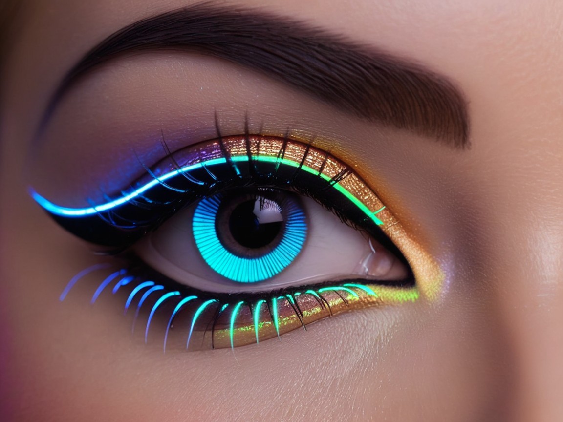 Close-Up of an Eye with Neon Makeup Details