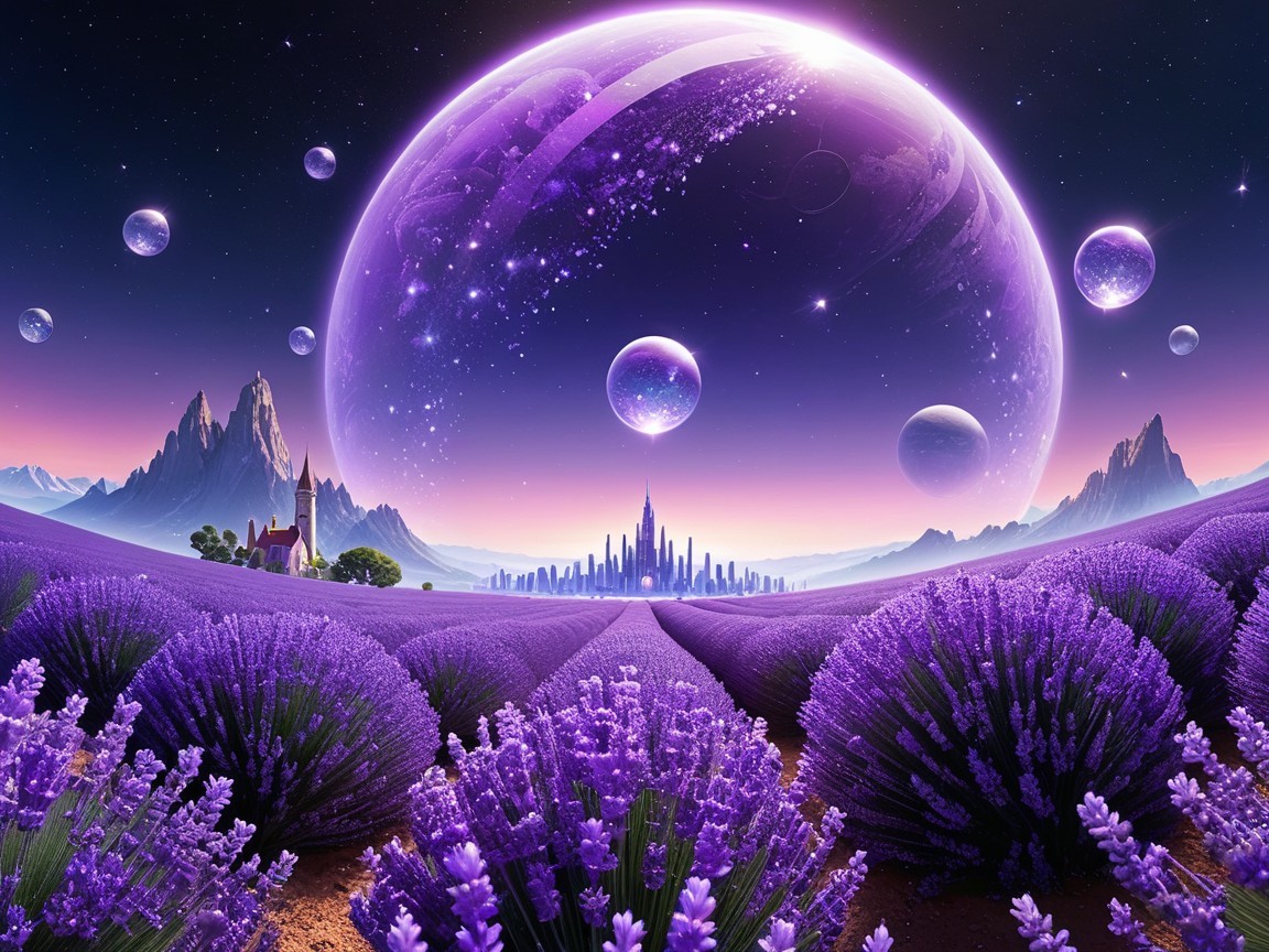 Surreal Landscape with Lavender Fields and Celestial Bodies