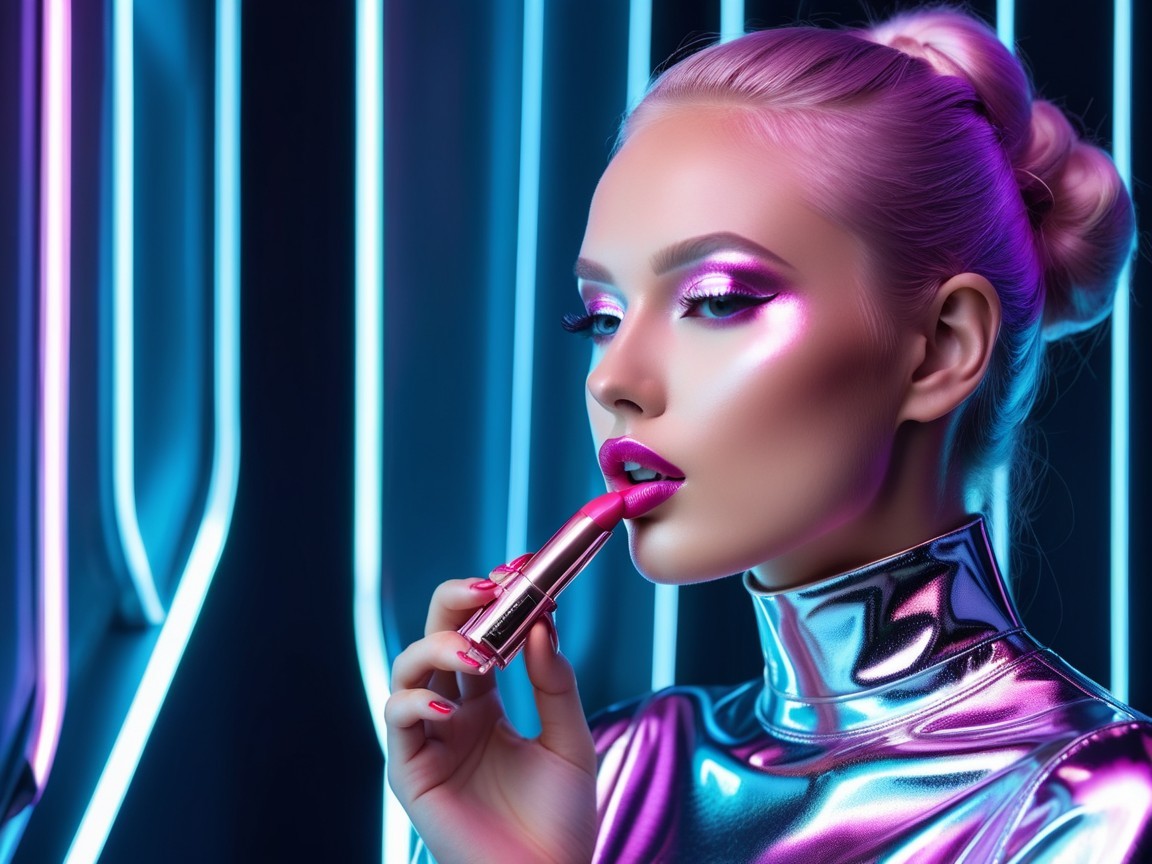 High-Fashion Model with Bold Pink Lipstick and Neon Lights