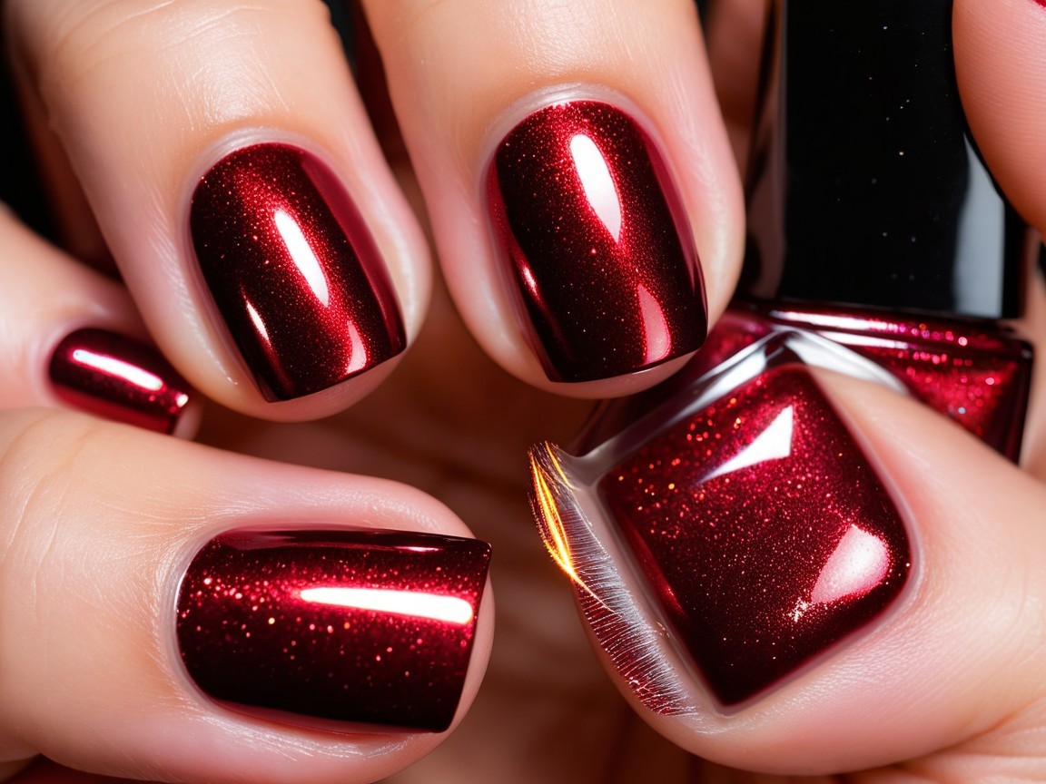 Glossy Deep Red Glitter Nail Polish on Manicured Nails
