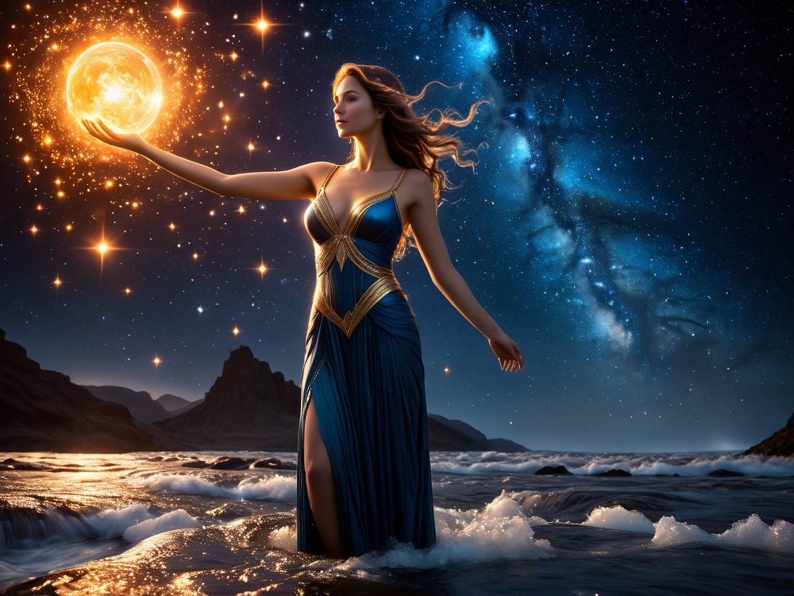 Mystical Figure in Elegant Gown by Shimmering Ocean