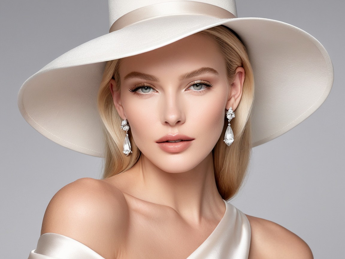 Model in Wide-Brimmed White Hat and Elegant Outfit
