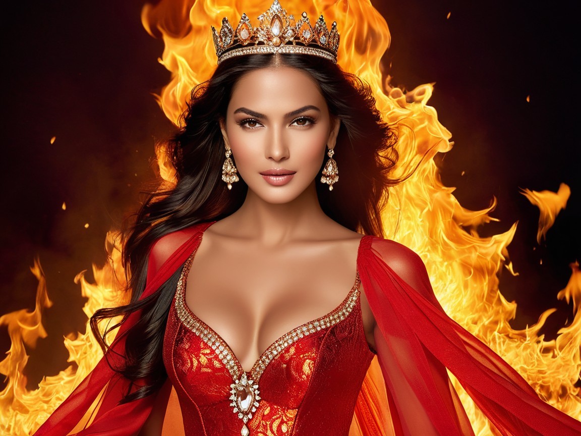 Female figure in red gown amidst vibrant flames
