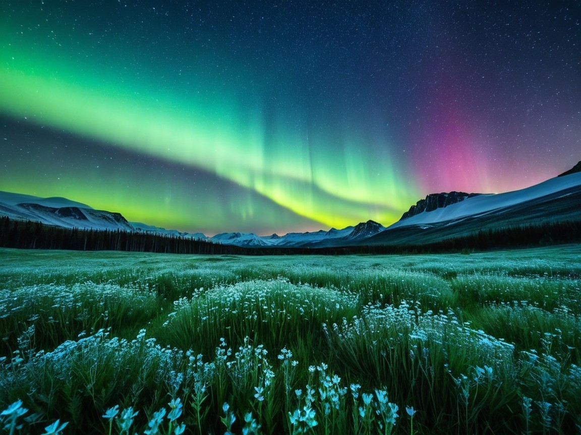 Northern Lights Over Serene Landscape and Mountains