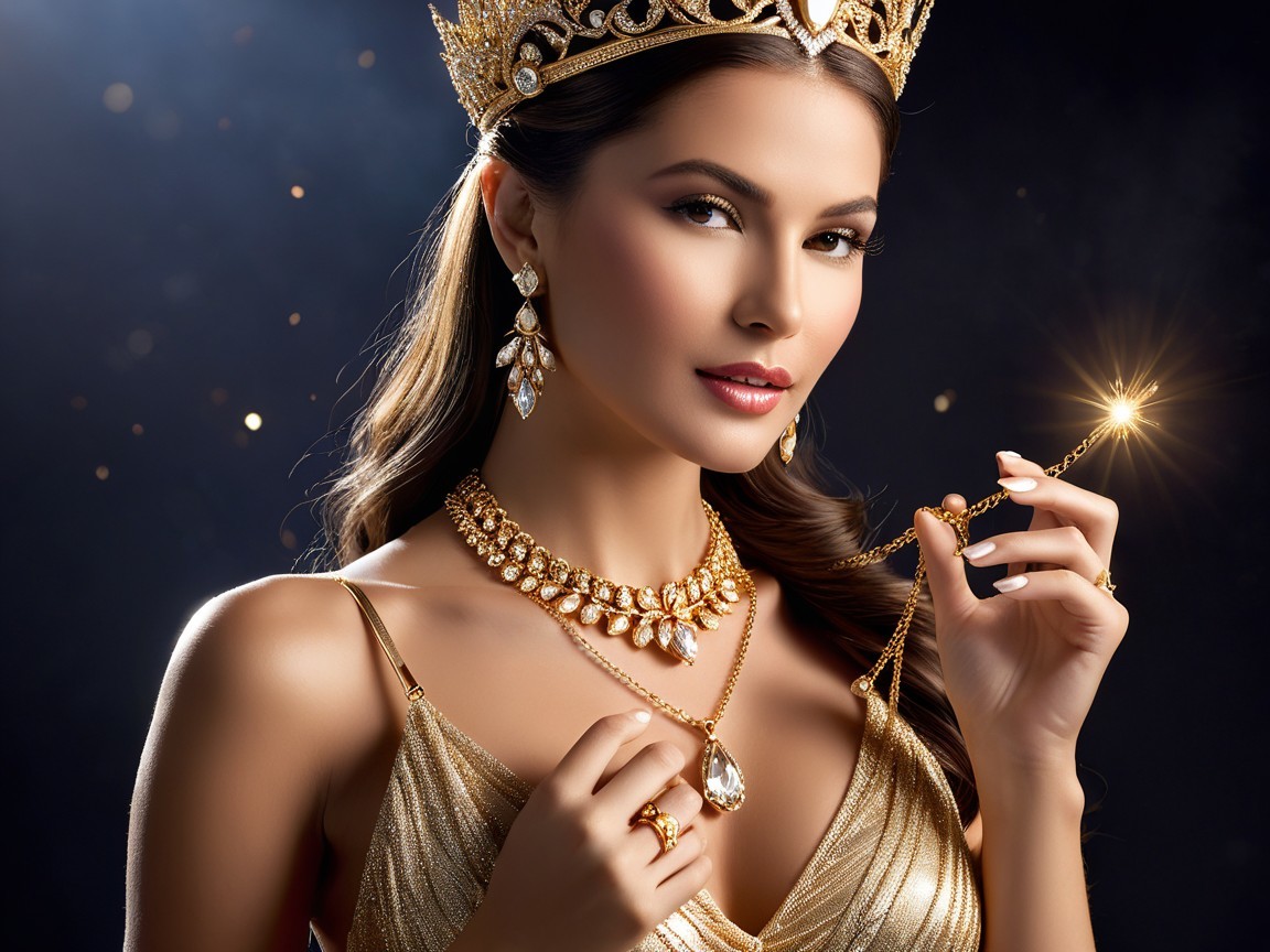 Elegant Woman in Gold Gown with Jewel Crown