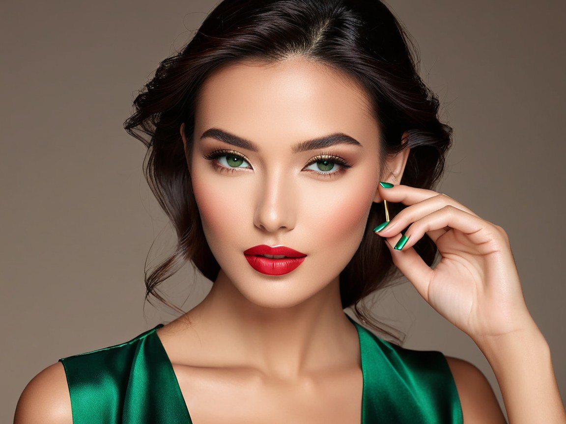 Striking Woman with Flawless Makeup and Green Accents