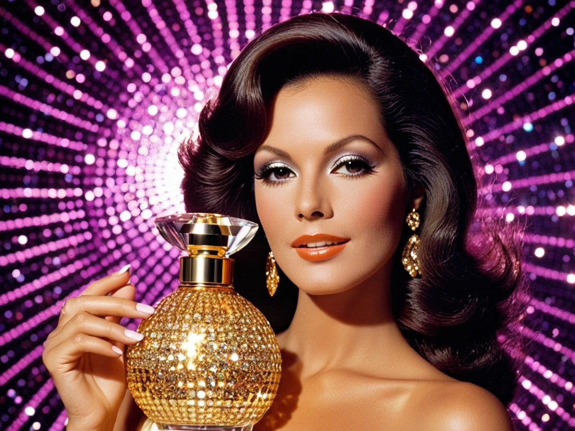 Glamorous Woman with Golden Perfume Bottle and Lights