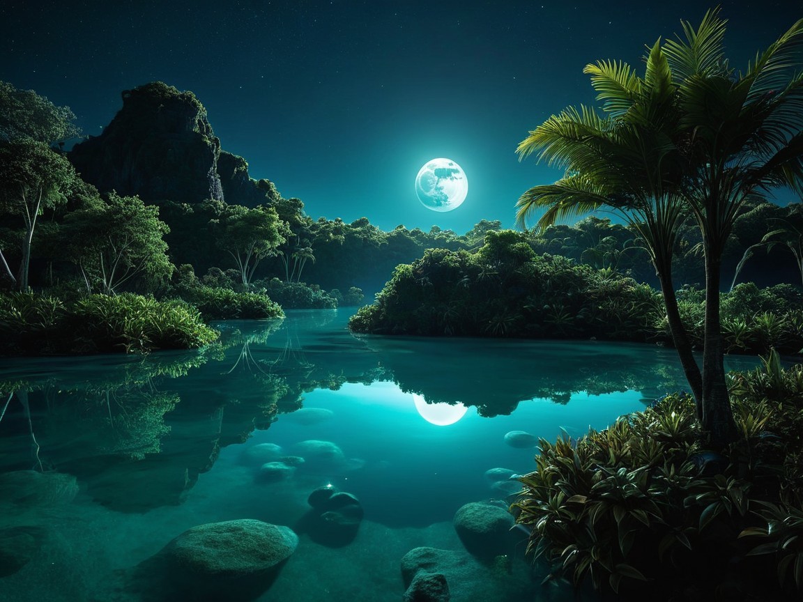 Nighttime Landscape with Moonlit Water and Palm Trees