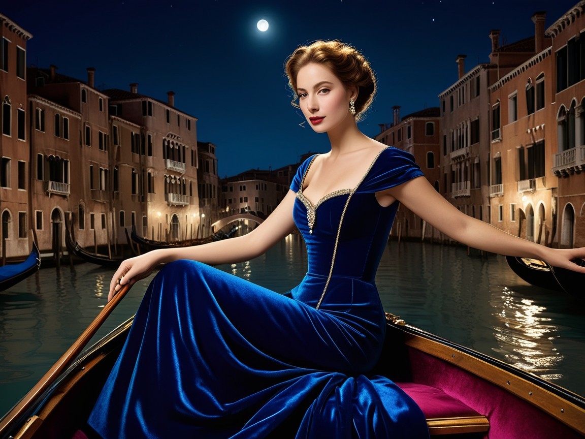 Glamorous Woman in Blue Gown on Venetian Gondola