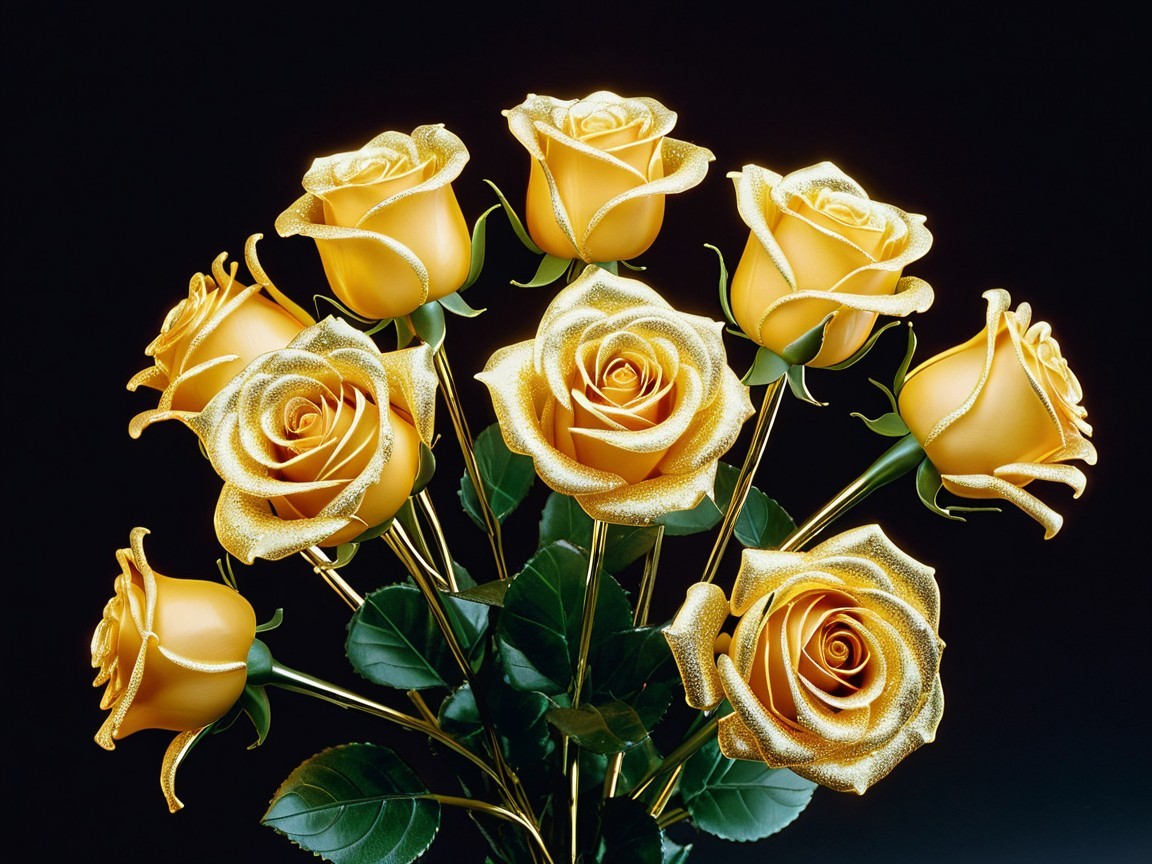 Golden Roses Bouquet on Black Background