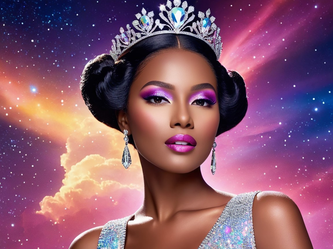 Regal Woman in Cosmic Scene with Bold Makeup