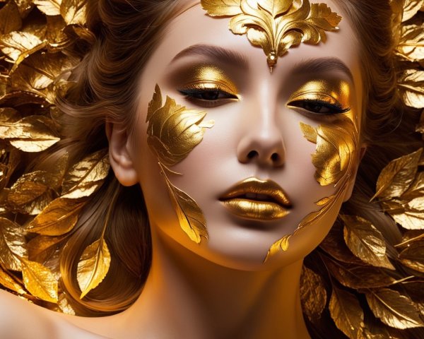 Close-up of a model with golden makeup and leaves
