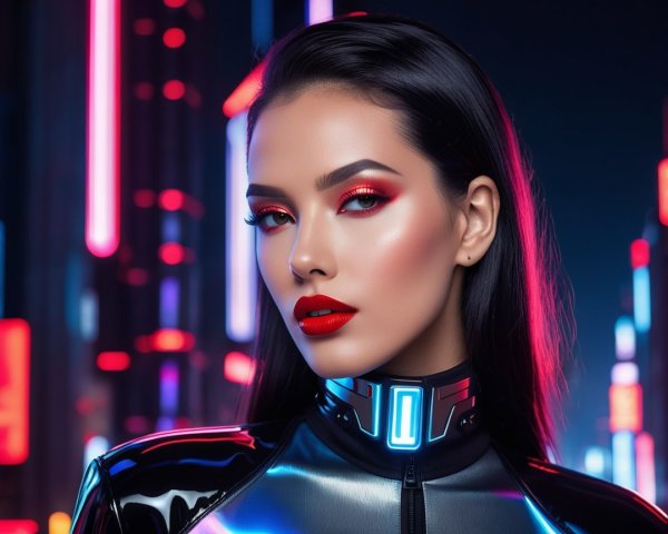 Portrait of a Woman in Futuristic Neon Cityscape