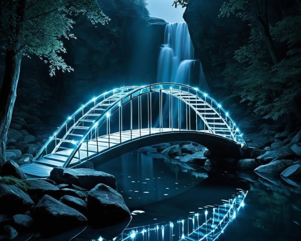 Futuristic Bridge Over Tranquil Pond and Waterfall