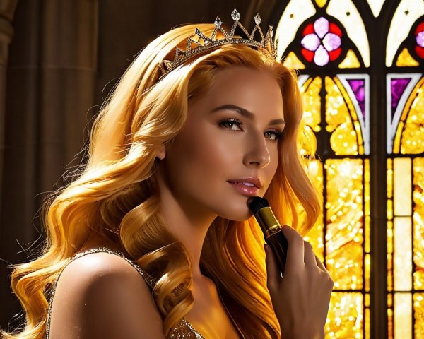 Woman with Blonde Hair and Tiara by Stained Glass