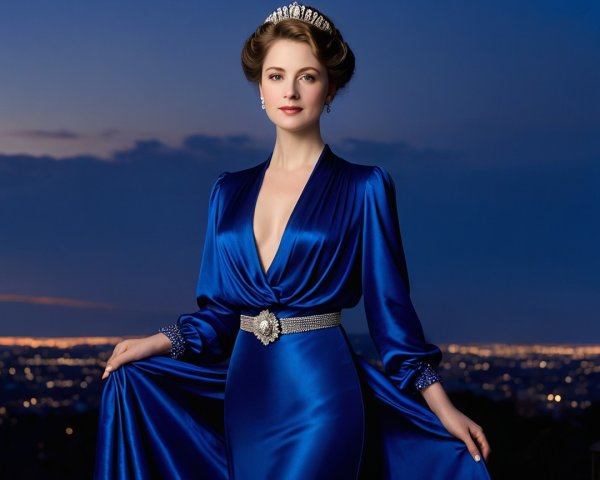 Elegant Woman in Deep Blue Gown at Twilight Sky
