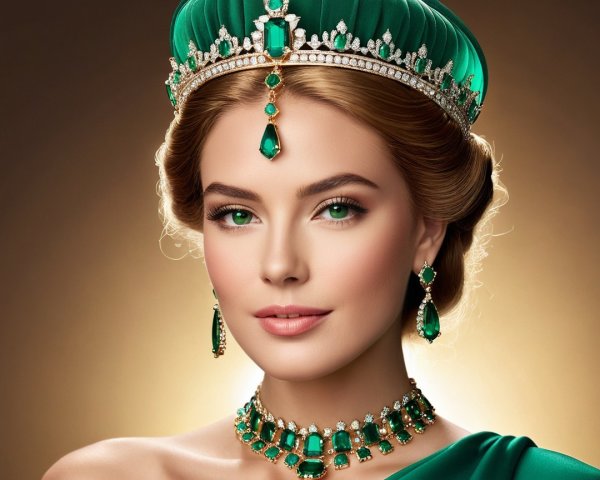 Elegant woman with emerald crown and matching jewelry