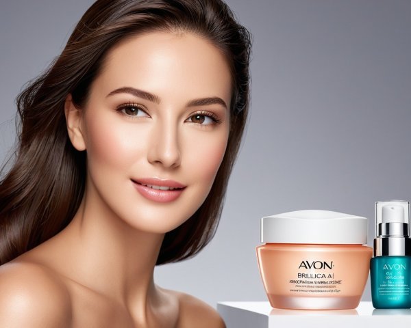 Radiant Woman Showcasing AVON Skincare Products