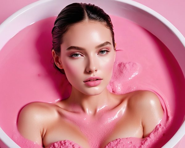 Woman in pink liquid with glowing skin and soft setting