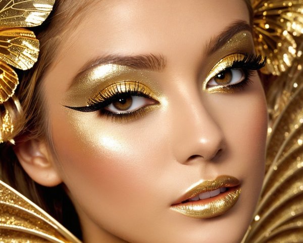 Glamorous Close-Up of Model with Gold Makeup Details