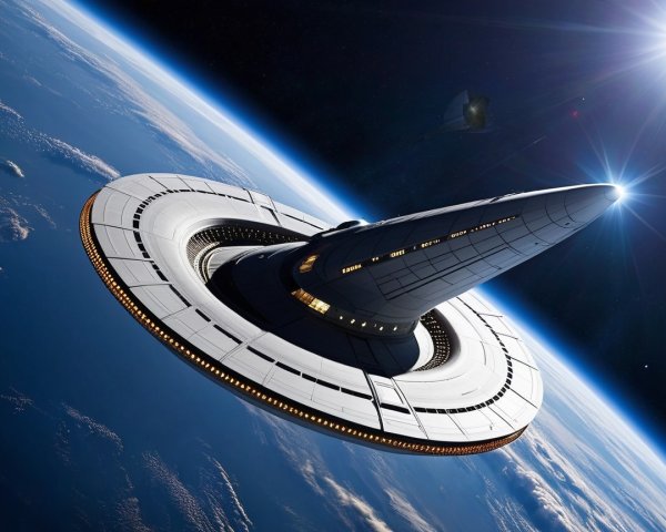 Futuristic spacecraft hovering over illuminated Earth