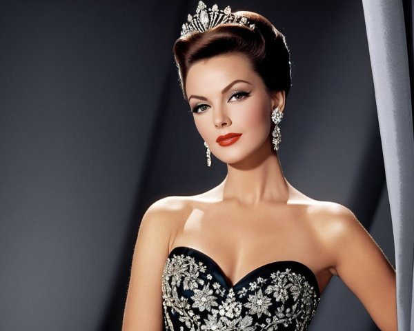 Glamorous Woman in Black Strapless Gown and Tiara