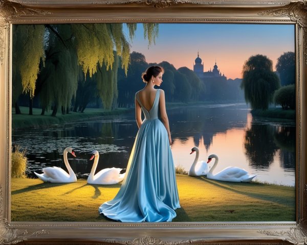 Serene Scene with Woman by Tranquil River and Swans
