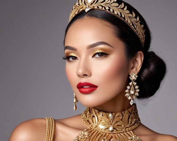 Stunning Model with Bold Makeup and Regal Attire