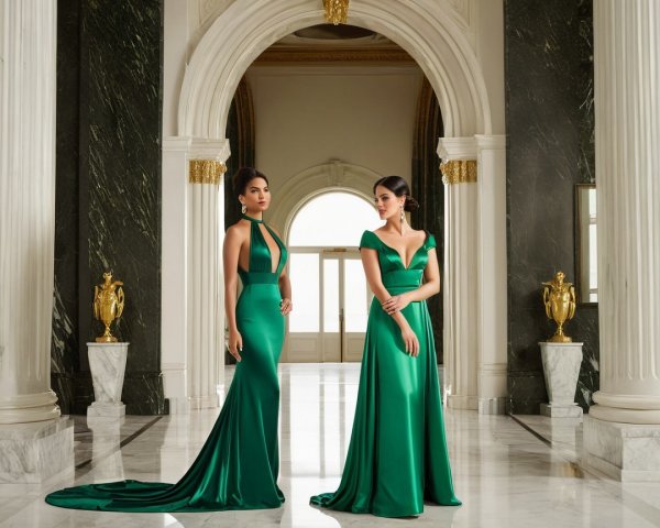 Elegant Women in Green Gowns in Grand Hall