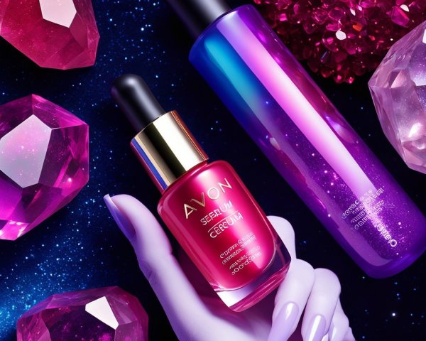 Elegant Pink Serum Bottle with Gems and Cosmic Background